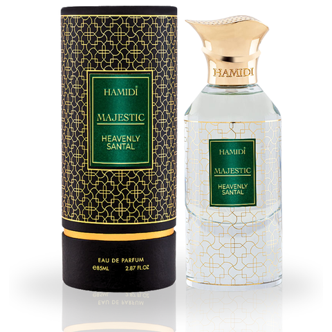 Hamidi Majestic Heavenly Santal EDP perfume spray, 85ml, featuring a delicate floral scent with notes of serenity and bliss.