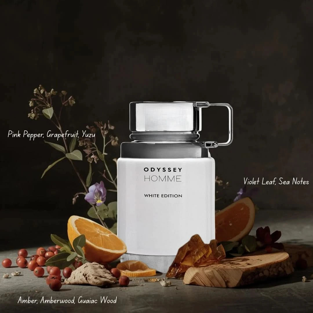 Armaf Odyssey Eau de Montagne Mountain Edition EDP spray in a white velvet pouch, 100ml, featuring a mountain-inspired fragrance design.