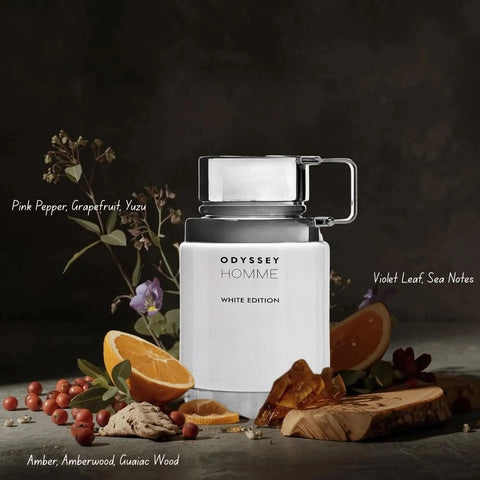 Armaf Odyssey Eau de Montagne Mountain Edition EDP spray in a white velvet pouch, 100ml, featuring a mountain-inspired fragrance design.