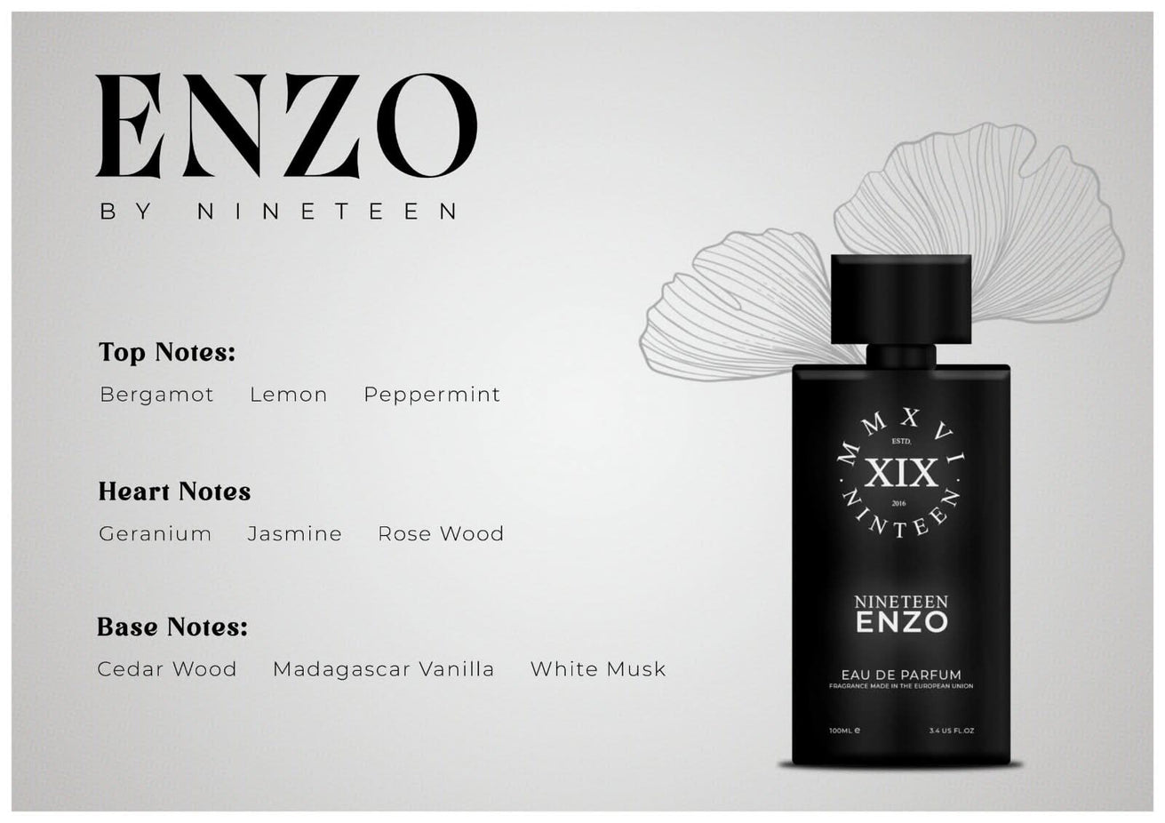 NINETEEN XIX ENZO Eau De Parfum bottle, 100ml, with sleek design and elegant label, displayed on a neutral background.