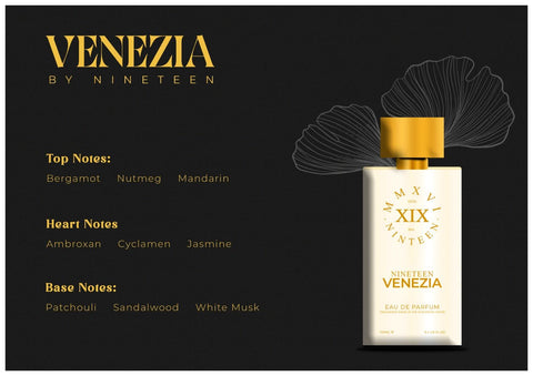NINETEEN XIX VENEZIA Eau De Parfum 100ml bottle with elegant packaging and floral scent design.