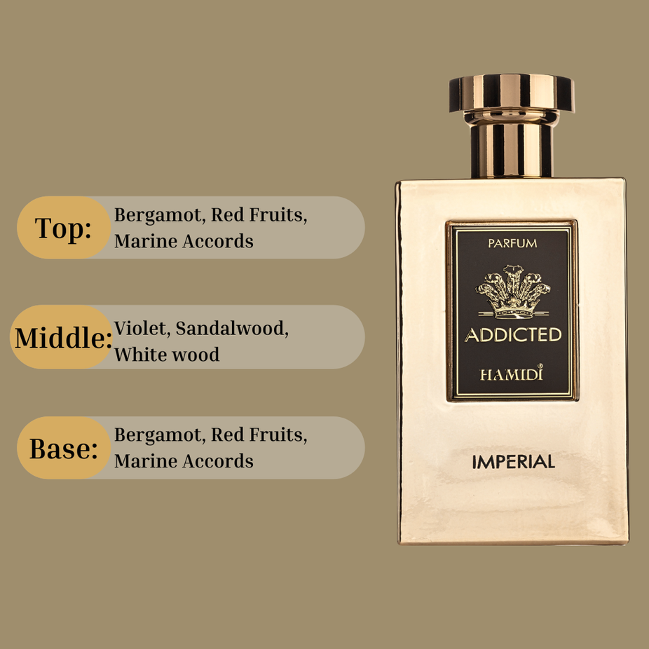 Hamidi Addicted Imperial EDP spray 120ml bottle with ocean breeze scent, elegant packaging, and refreshing fragrance.
