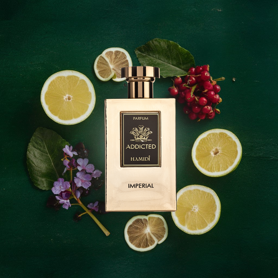 Hamidi Addicted Imperial EDP spray 120ml with ocean breeze scent, showcasing the elegant bottle and refreshing fragrance.