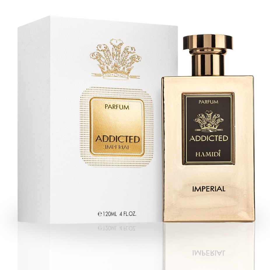 Hamidi Addicted Imperial EDP spray 120ml, featuring ocean breeze scent with a sleek bottle and elegant design.