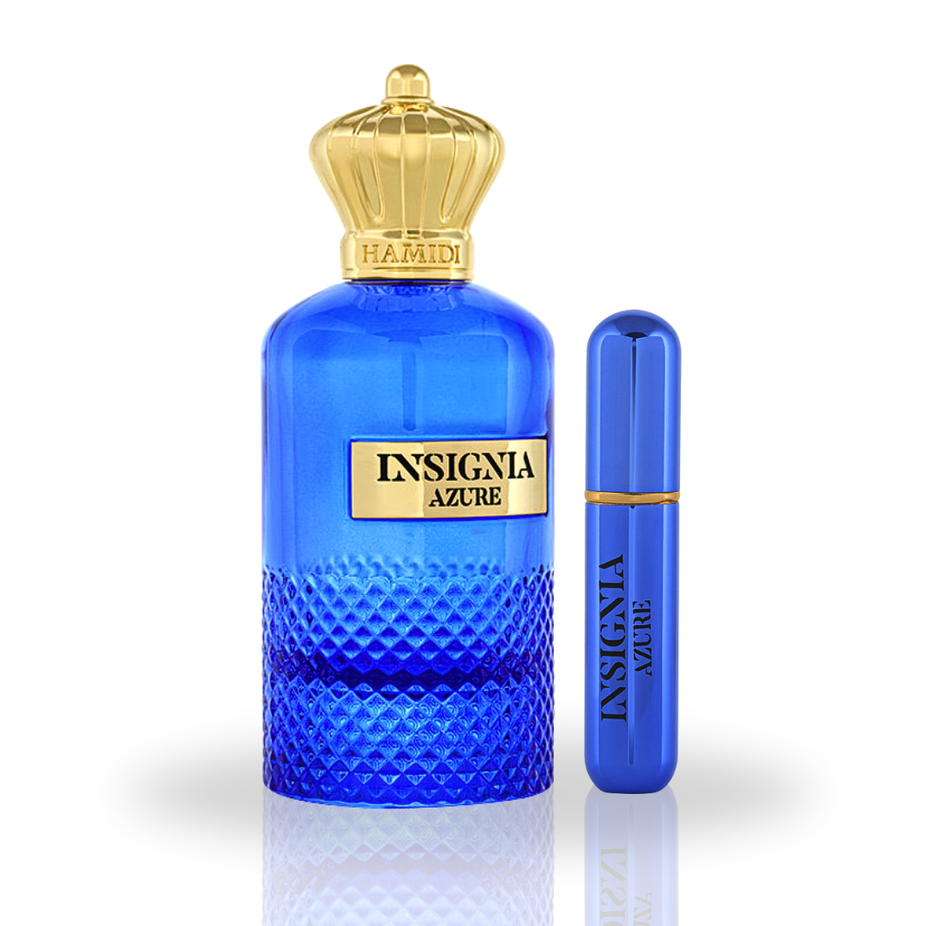 Insignia Azure Eau de Parfum spray by Hamidi, 105ml, featuring a sleek bottle and refreshing unisex fragrance.