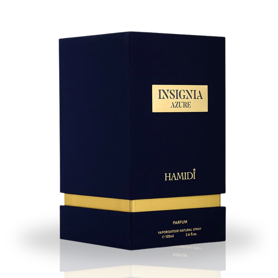 Hamidi Insignia Azure Eau De Parfum spray bottle, 105ml, featuring a sleek design, representing a long-lasting unisex fragrance.