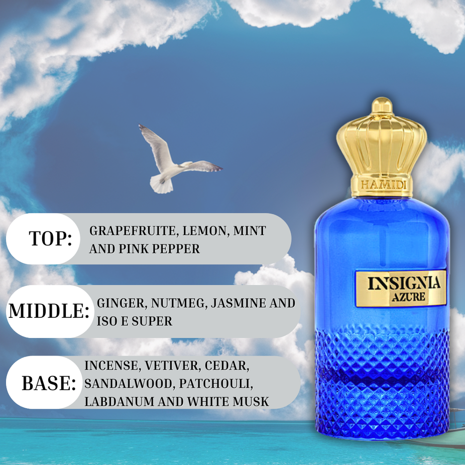 Insignia Azure Eau de Parfum spray by Hamidi, 105ml, featuring a sleek bottle and fresh, long-lasting unisex fragrance.