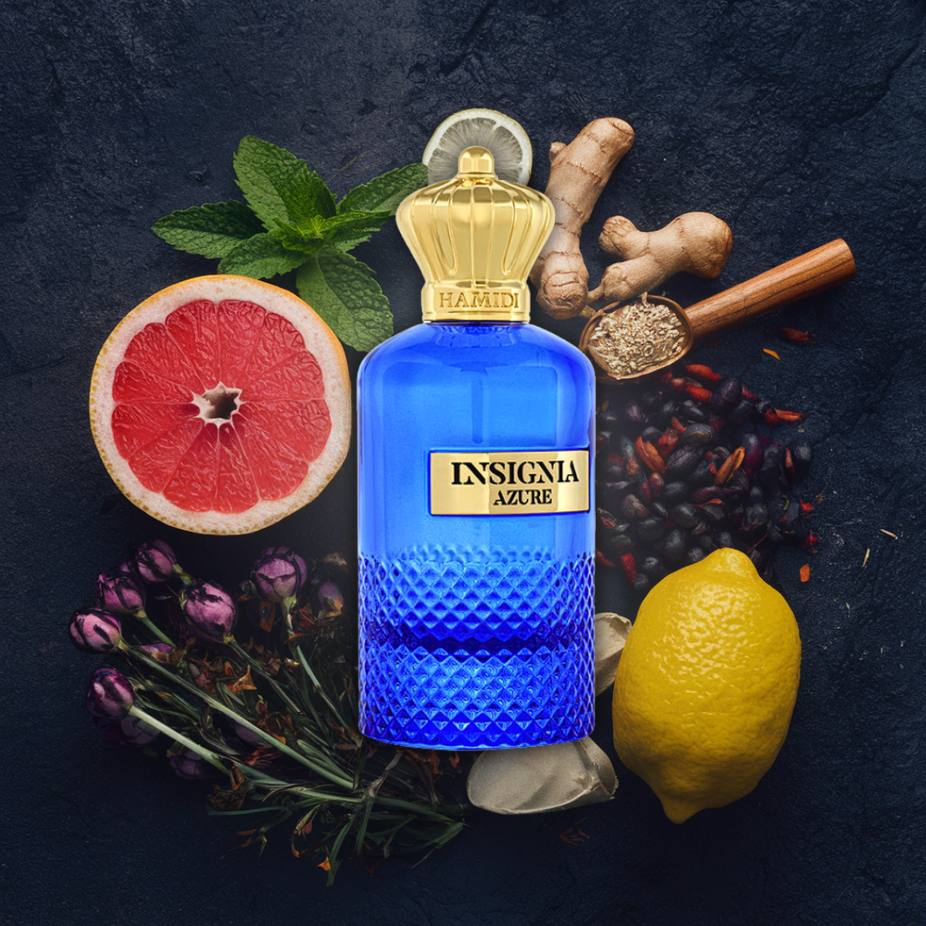 Insignia Azure Eau de Parfum spray by Hamidi, 105ml, featuring a sleek bottle and refreshing, long-lasting unisex fragrance.