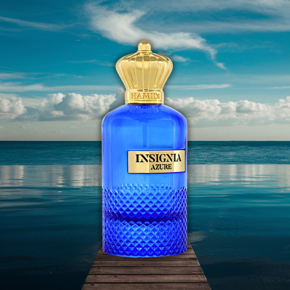 Insignia Azure Eau de Parfum spray by Hamidi, a long-lasting unisex fragrance in a 105ml bottle, with a refreshing scent.