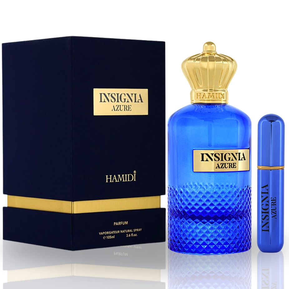 Insignia Azure Eau de Parfum spray by Hamidi, 105ml bottle, showcasing the sleek design of the unisex fragrance.