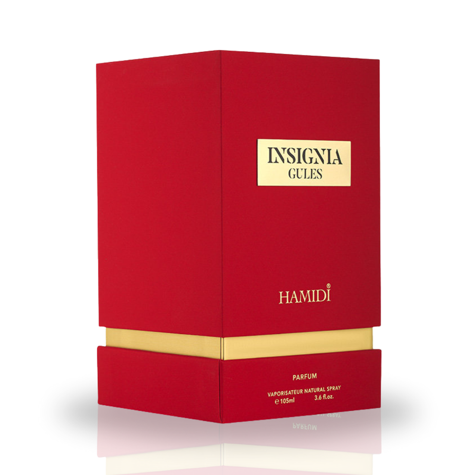 Hamidi Insignia Gules EDP spray 105ml bottle, showcasing elegant packaging for long-lasting, captivating fragrance.