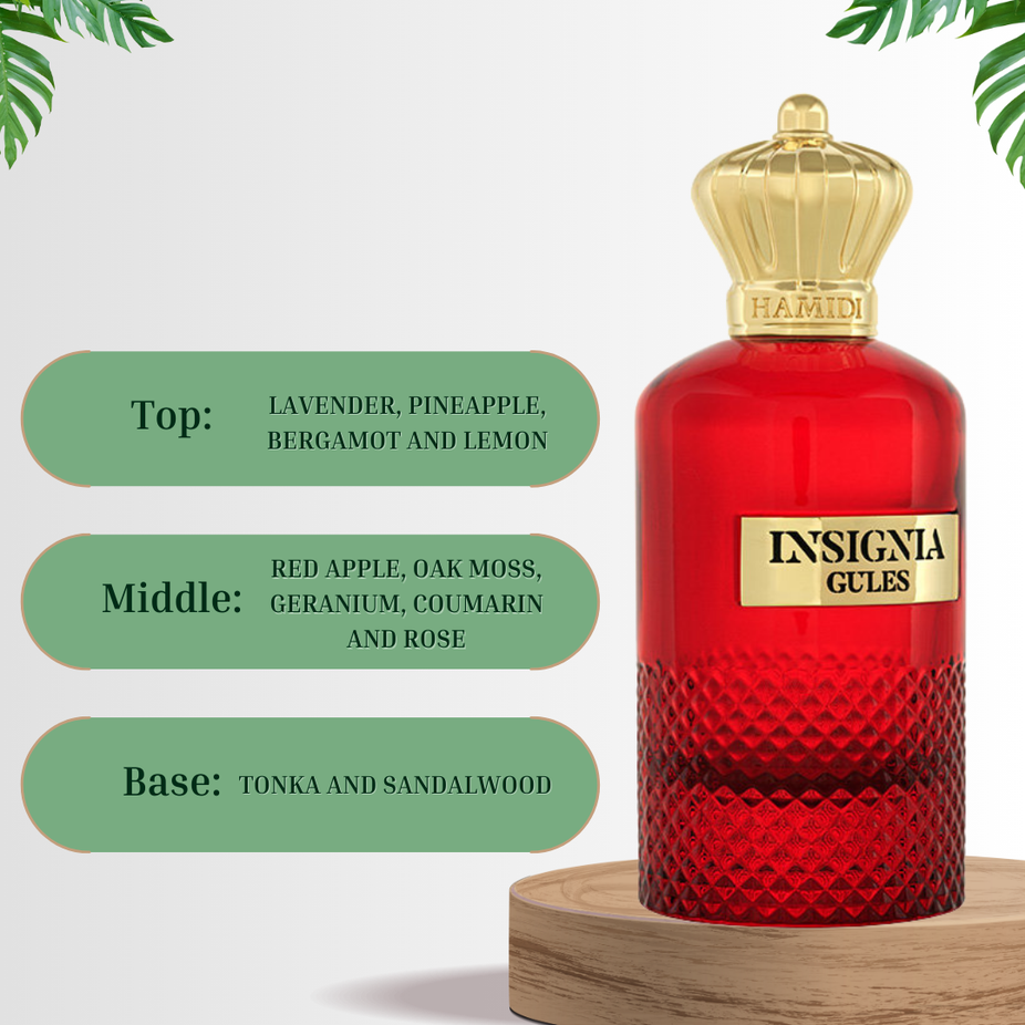 Insignia Gules EDP spray by Hamidi, 105ml, featuring a long-lasting, captivating floral and woody fragrance in a sleek bottle.