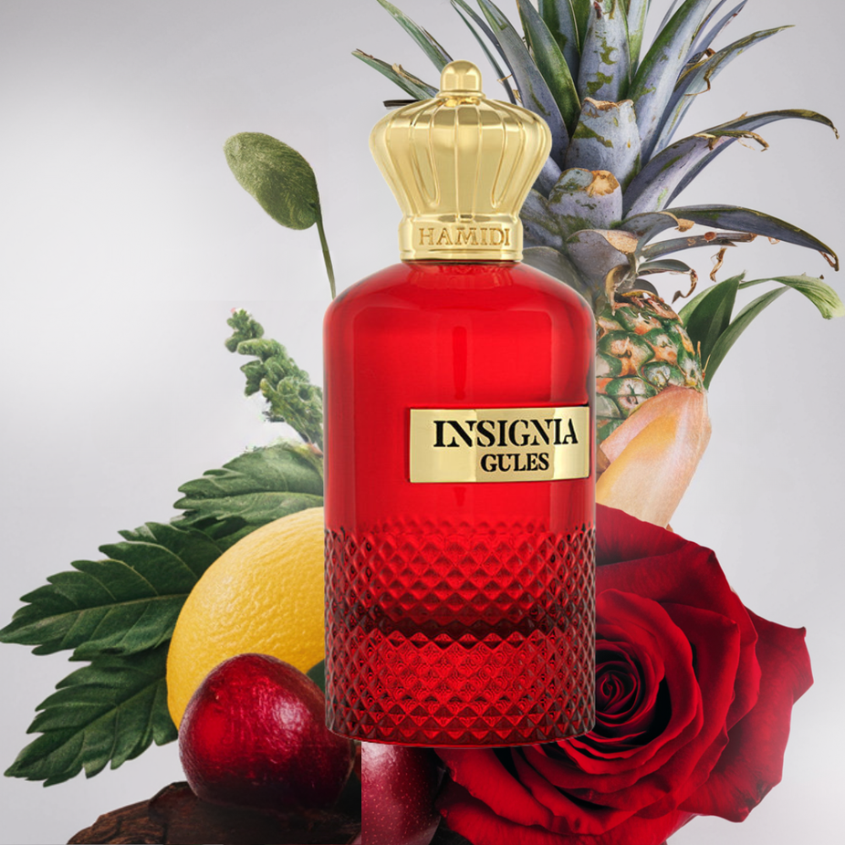 Hamidi Insignia Gules EDP spray bottle, 105ml, showcasing the elegant perfume bottle with gold accents and sleek design.