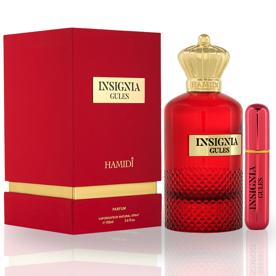 Hamidi Insignia Gules EDP perfume spray 105ml with a long-lasting, captivating floral and woody fragrance in a sleek bottle.