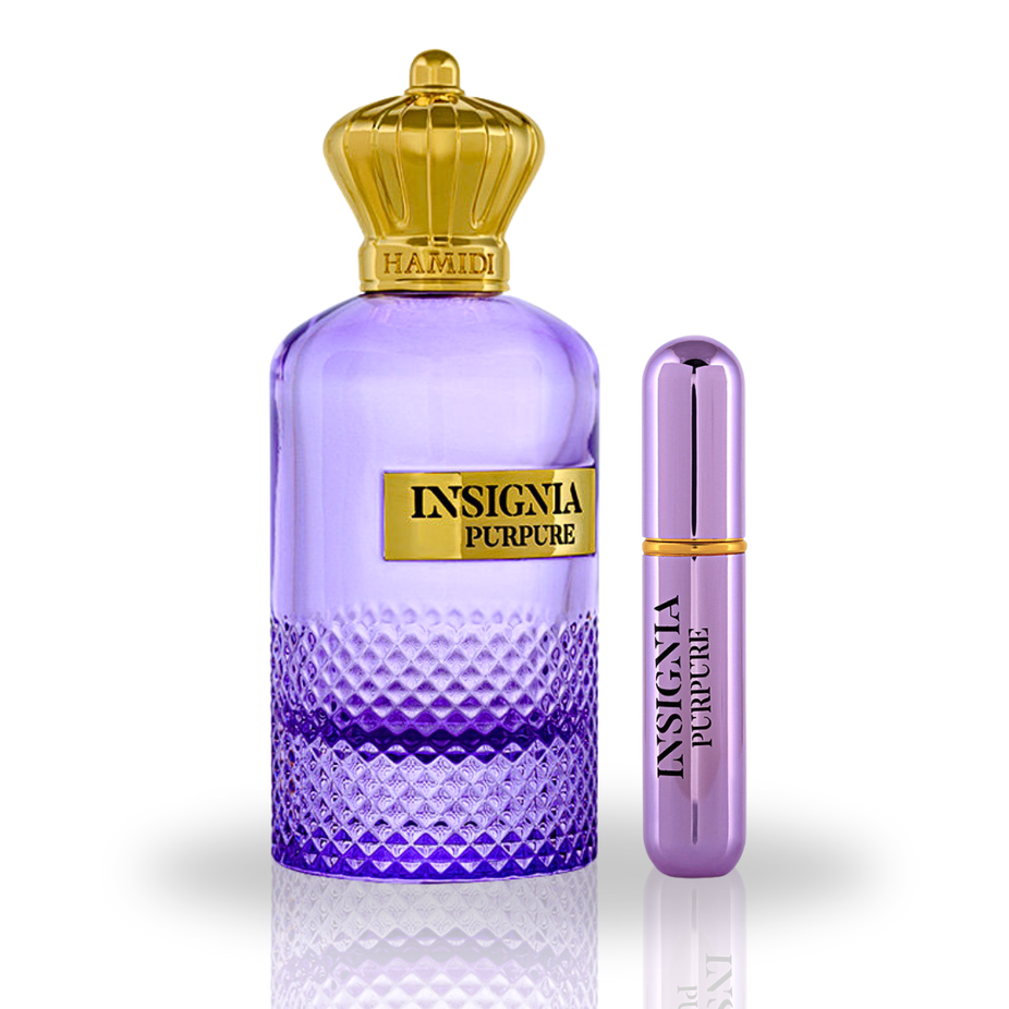 Insignia Purpure Eau de Parfum spray by Hamidi, 105ml bottle with elegant purple packaging and refined fragrance design.