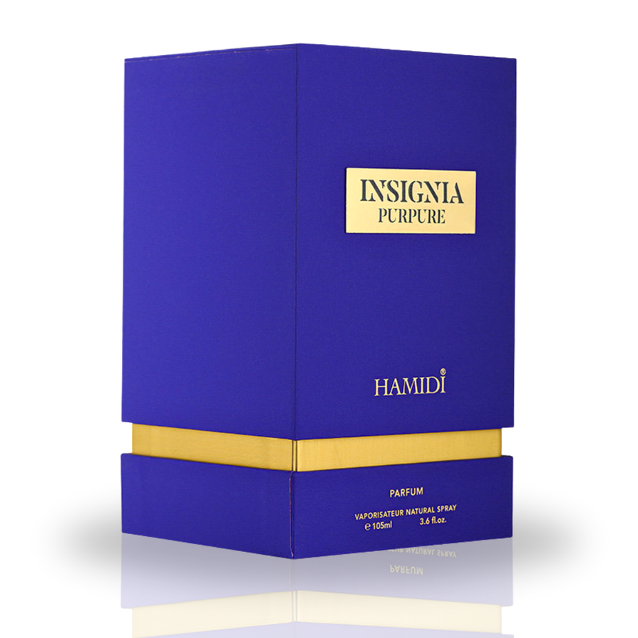 Insignia Purpure Eau De Parfum spray by Hamidi, 105ml, showcasing the elegant perfume bottle with purple accents.