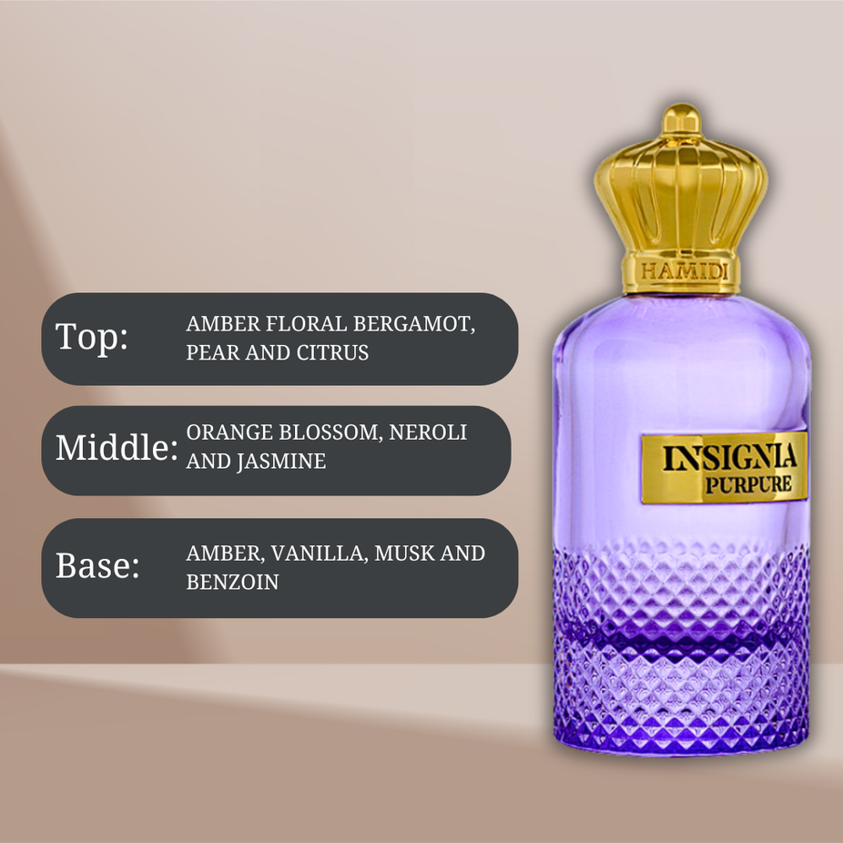 Hamidi Insignia Purpure Eau De Parfum spray bottle, 105ml, with elegant purple packaging and floral accents