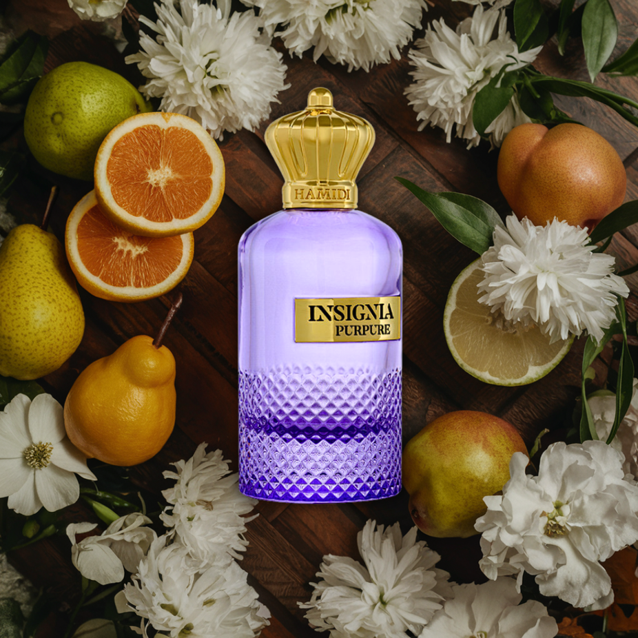 Insignia Purpure Eau de Parfum spray by Hamidi, 105ml bottle, showcasing elegant packaging with purple accents and a refined design.