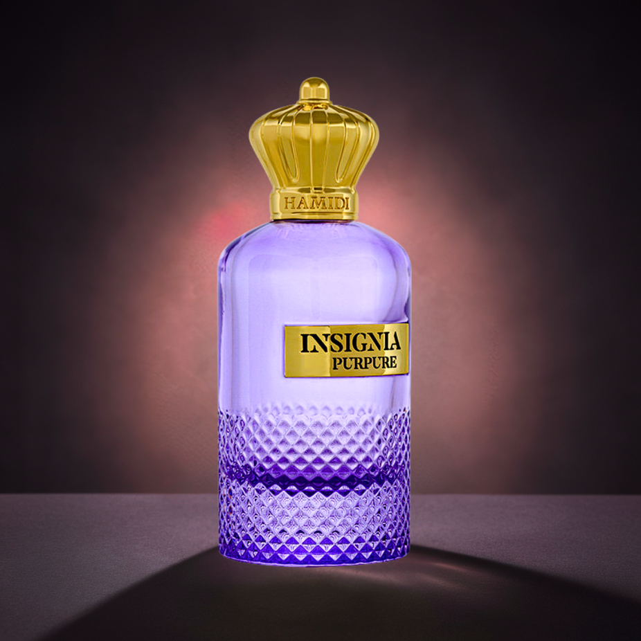Insignia Purpure Eau De Parfum spray by Hamidi, 105ml, featuring elegant purple packaging and a refined, long-lasting fragrance.