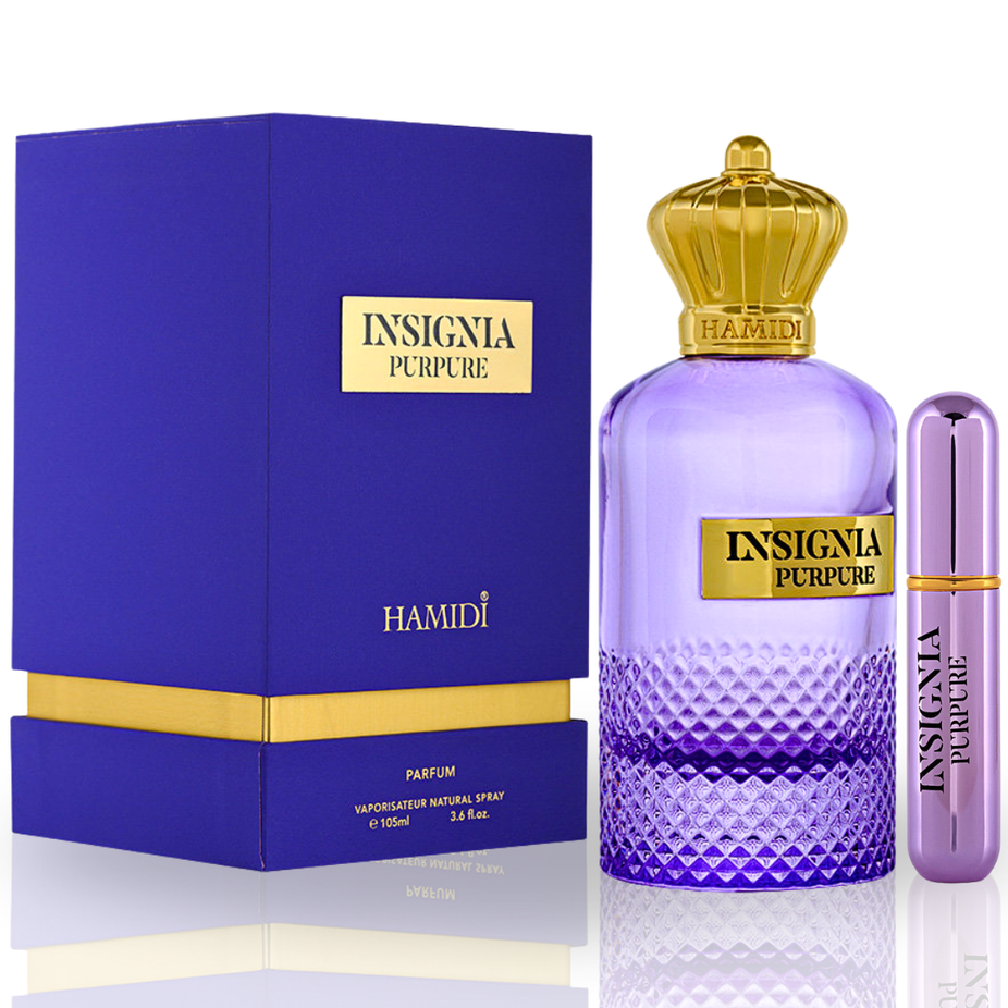 Hamidi Insignia Purpure Eau De Parfum spray bottle, 105ml, showcasing the elegant packaging of this long-lasting fragrance.