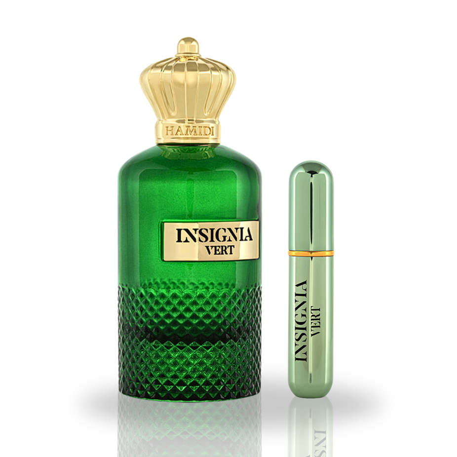 Insignia Vert Eau De Parfum spray by Hamidi, 105ml bottle, showcasing elegant fragrance packaging with green accents.