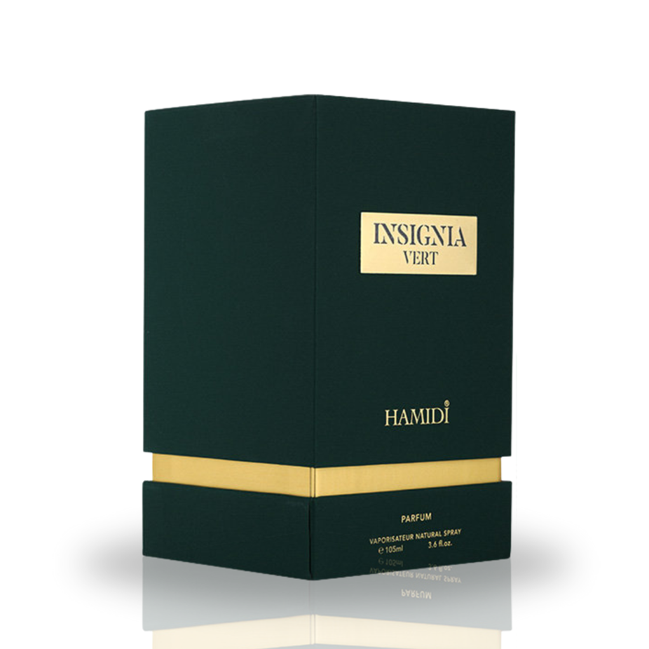 Insignia Vert Eau de Parfum spray by Hamidi, 105ml, featuring a sleek bottle and fresh, elegant fragrance design.