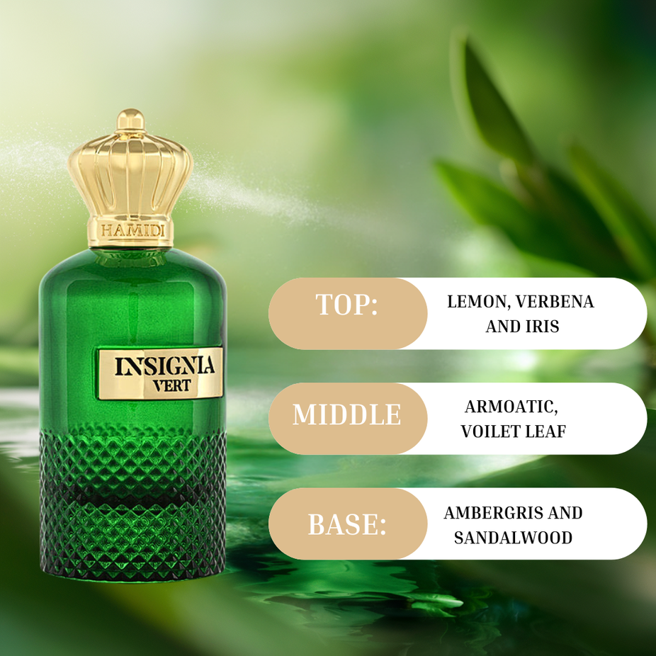 Hamidi INSIGNIA VERT Eau De Parfum spray bottle, 105ml, with fresh, elegant fragrance design and packaging.