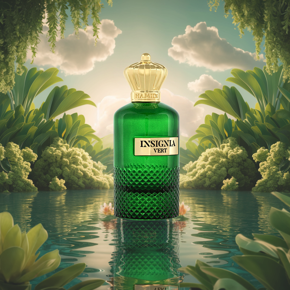 Insignia Vert Eau De Parfum spray bottle by Hamidi, 105ml, featuring a sleek design and fresh, elegant fragrance.