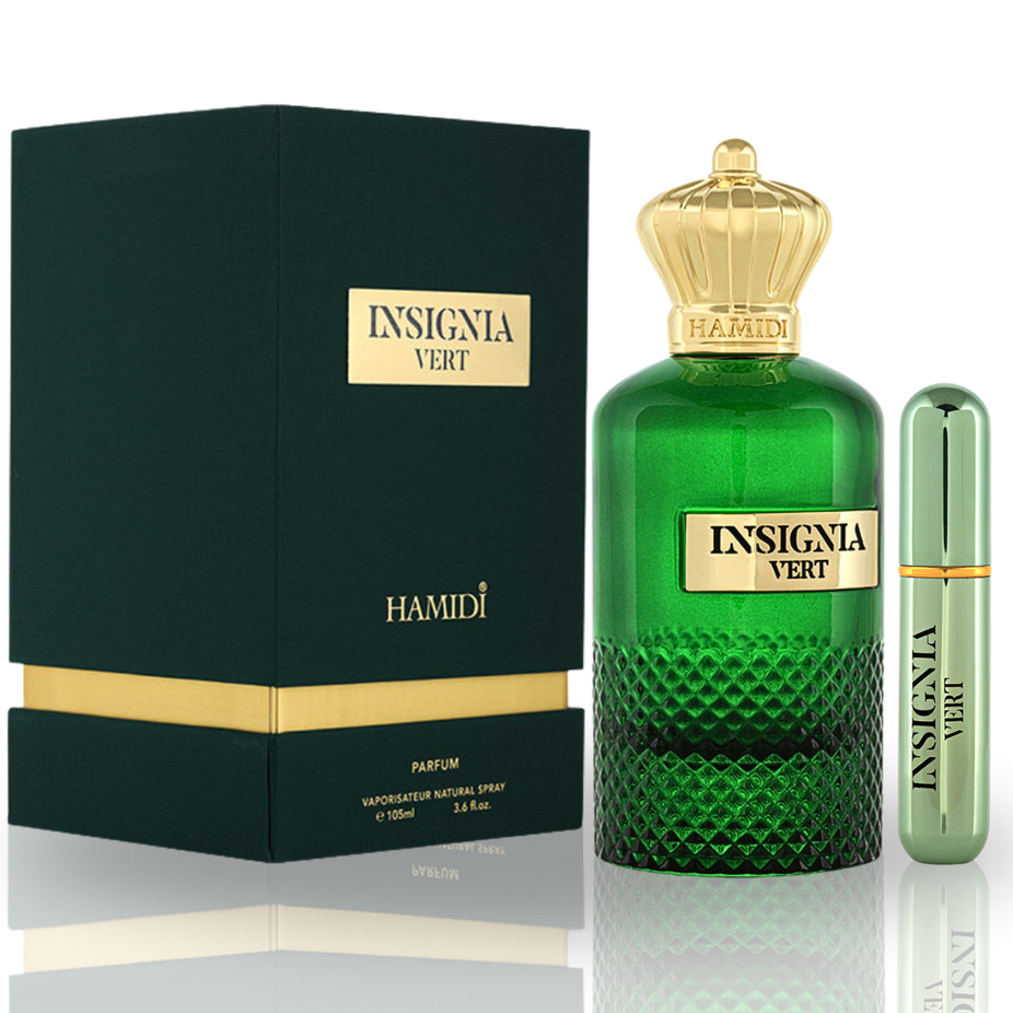 Insignia Vert Eau de Parfum spray by Hamidi, 105ml bottle, showcasing a fresh and elegant fragrance experience.