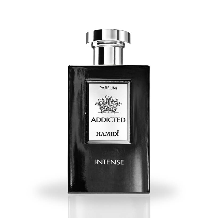 Hamidi Addicted Intense EDP spray 120ml, a long-lasting, vitalizing fragrance bottle with sleek design.