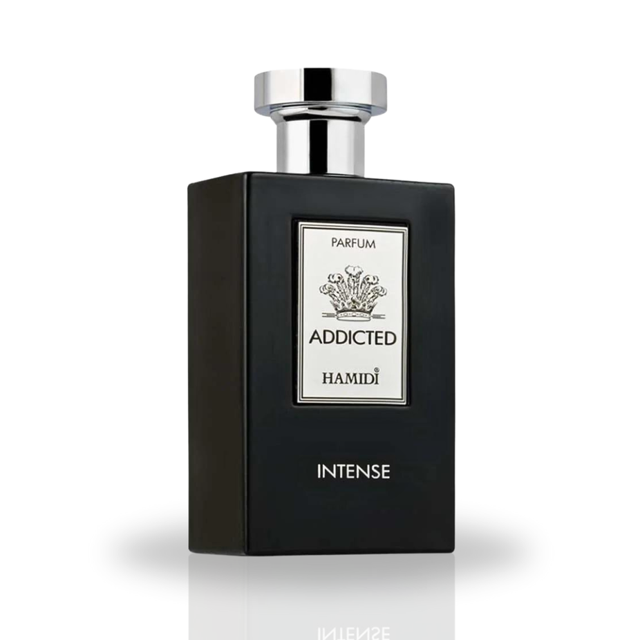Hamidi Addicted Intense Eau De Parfum spray bottle, 120ml, with sleek design and vibrant fragrance visible in the image.