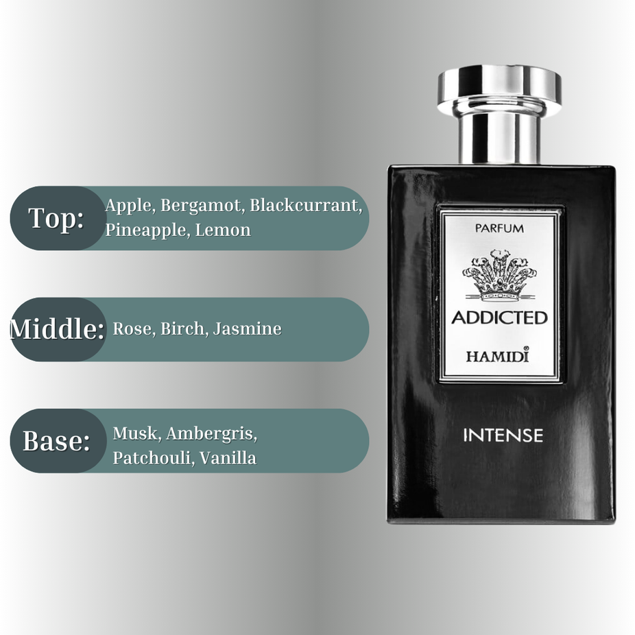 Hamidi Addicted Intense EDP spray 120ml bottle featuring a sleek design and vibrant label, showcasing a long-lasting, vitalizing fragrance.