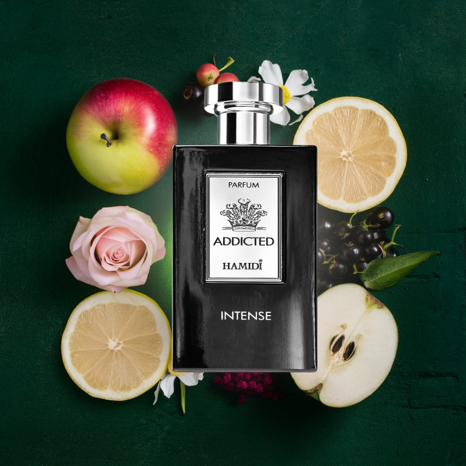 Hamidi Addicted Intense Eau De Parfum spray bottle, 120ml, with sleek design and vibrant fragrance label.