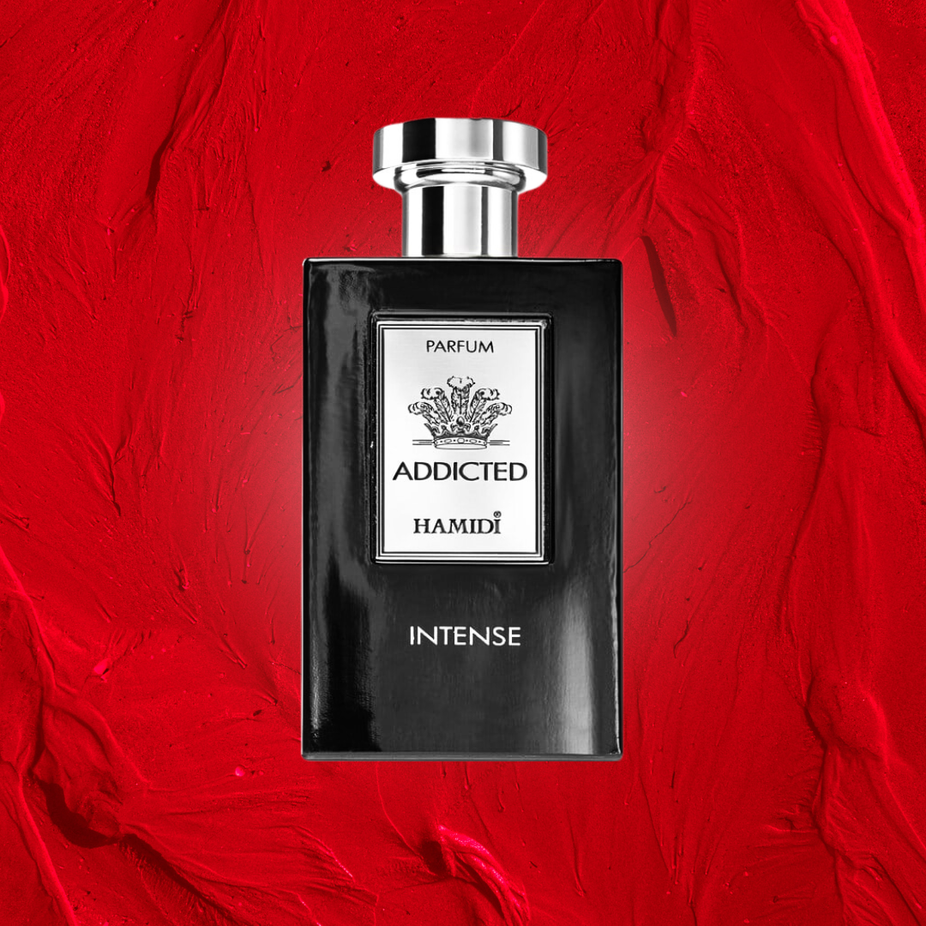 Hamidi Addicted Intense EDP spray 120ml showing the elegant perfume bottle with vibrant packaging design.