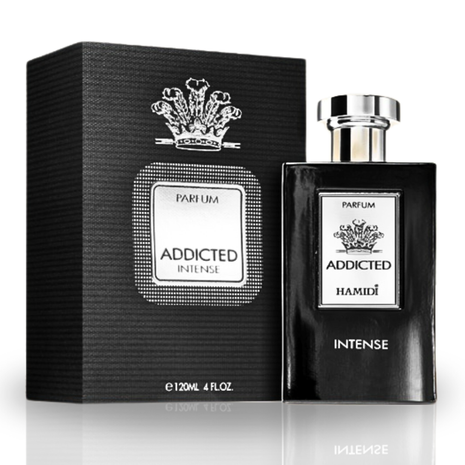 Hamidi Addicted Intense EDP spray 120ml, long-lasting and vitalizing fragrance with a sleek bottle and dark label design.