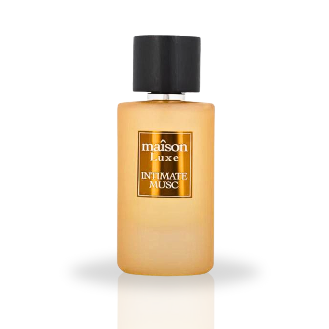 Maison Luxe Intimate Musc Eau de Parfum spray by Hamidi in a velvet pouch, featuring a sleek bottle with elegant design.