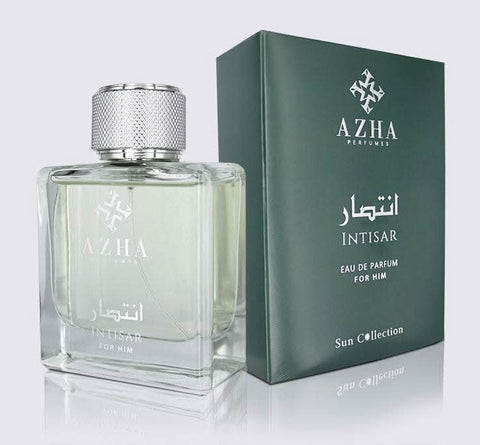 Azha Intisar For Him Eau De Parfum 100ml bottle, elegant packaging, showcasing the luxury fragrance for men.