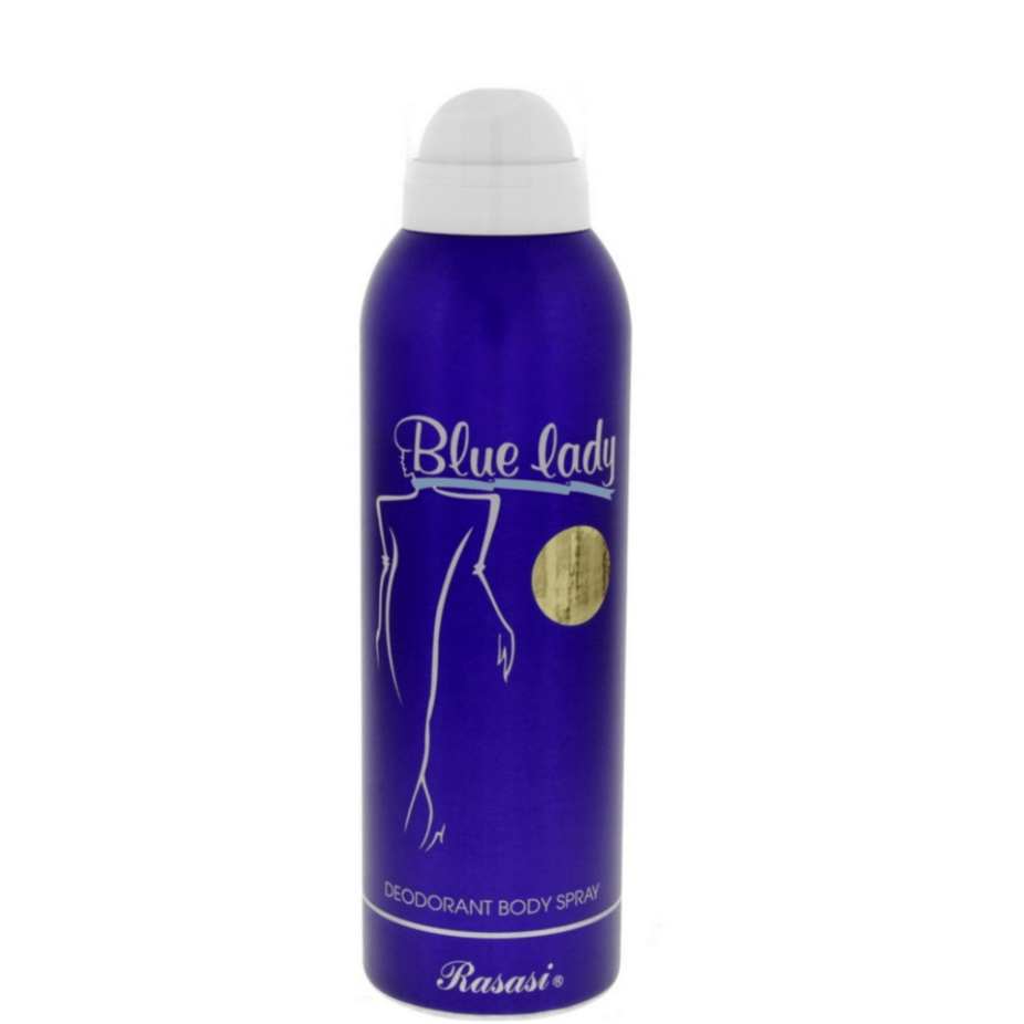 Blue Lady women’s deodorant by Rasasi in a 200ML bottle, featuring a sleek blue packaging and spray nozzle.