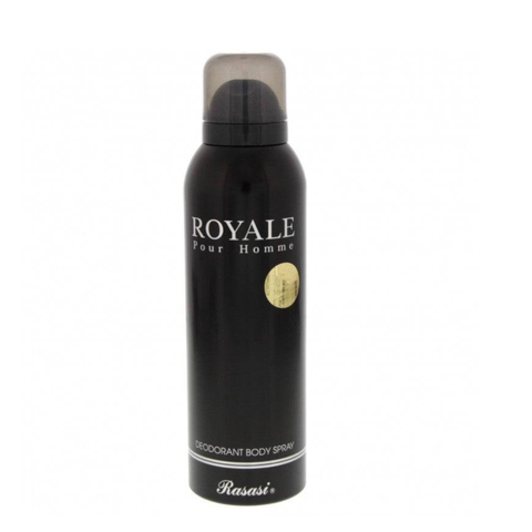 Rasasi Royale for Men deodorant spray bottle, 200ML, with sleek packaging and spray nozzle visible in the image.