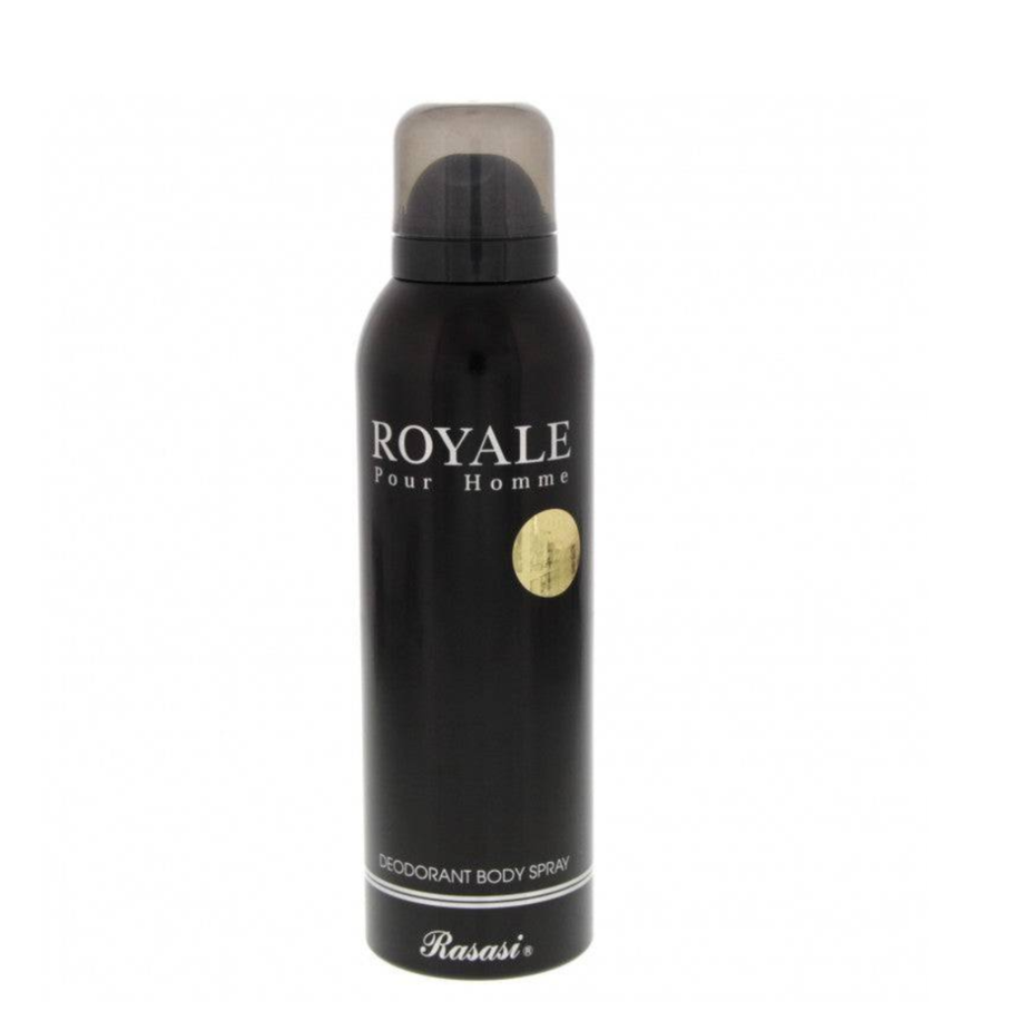 Rasasi Royale for Men deodorant spray 200ML, showing the sleek blue bottle with elegant branding and cap.