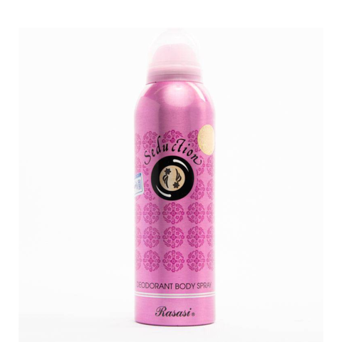 Rasasi Seduction for Women deodorant spray, 200ML, with floral and fruity scent, shown in a sleek spray bottle.