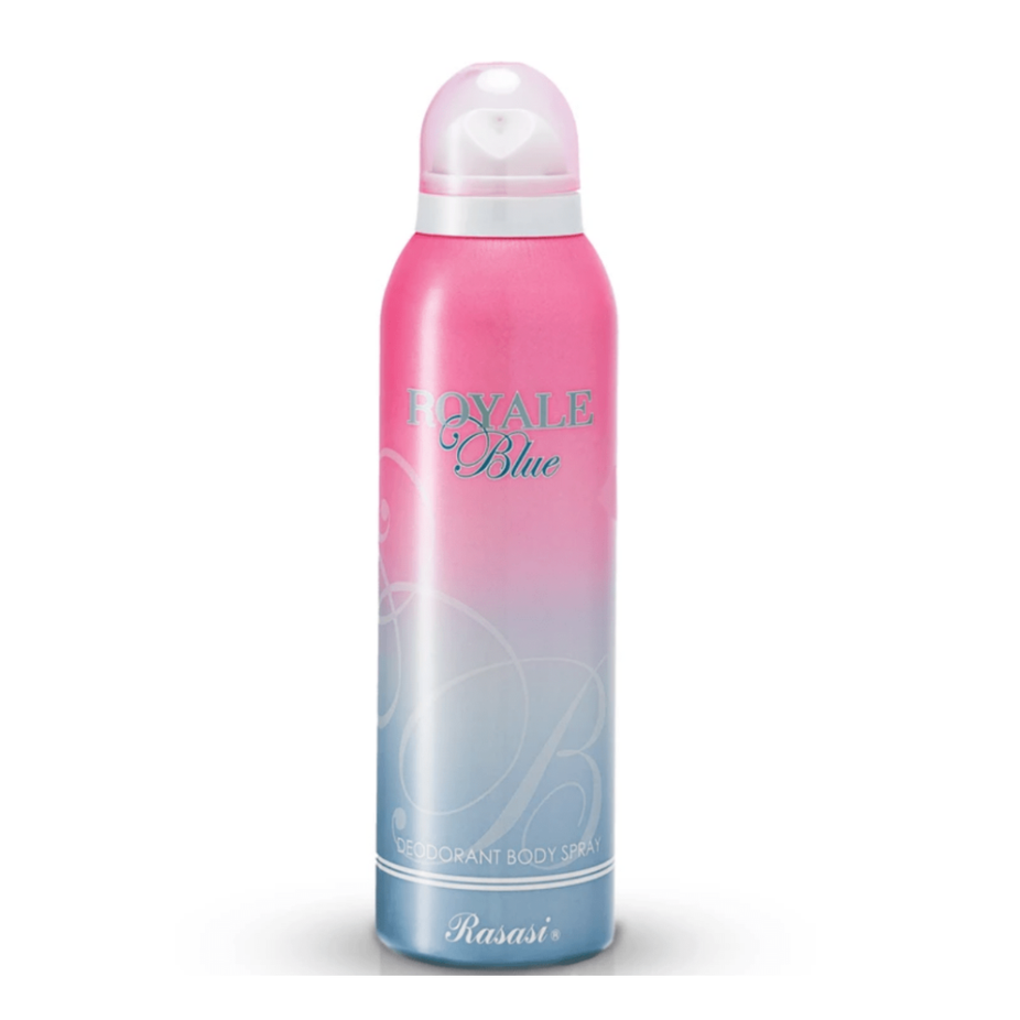Rasasi Royale Blue women’s deodorant spray bottle, 200ML, with a sleek blue design and floral accents.