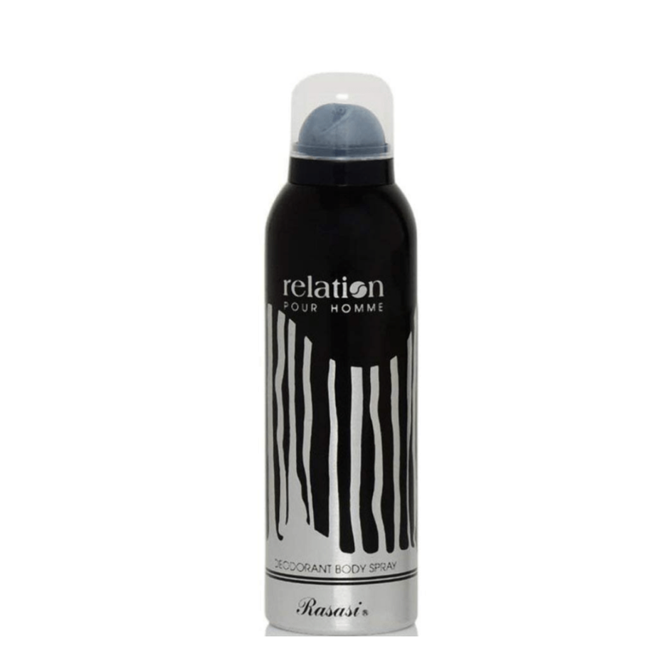Rasasi Relation for Men deodorant spray bottle, 200ML, with a sleek design and label visible in the image.