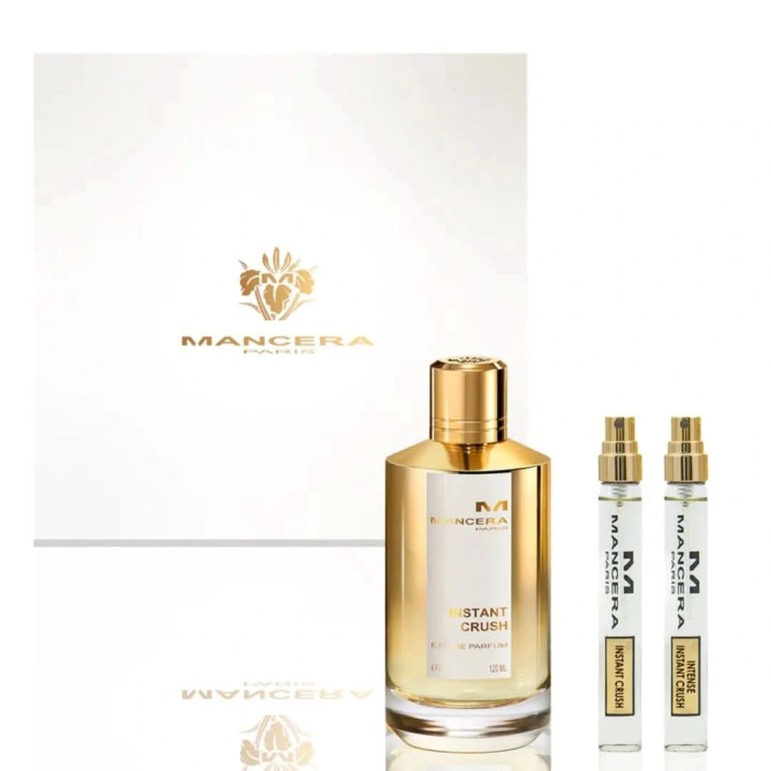 Mancera Holiday Gift Set with 120ml and 8ml Instant Crush Eau de Parfum bottles and 8ml Intense Instant Crush perfume.