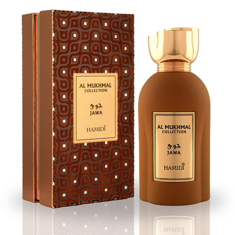 Al Mukhmal Jawa Eau de Parfum spray by Hamidi, 100ml bottle with a sleek design, showcasing the elegant fragrance packaging.