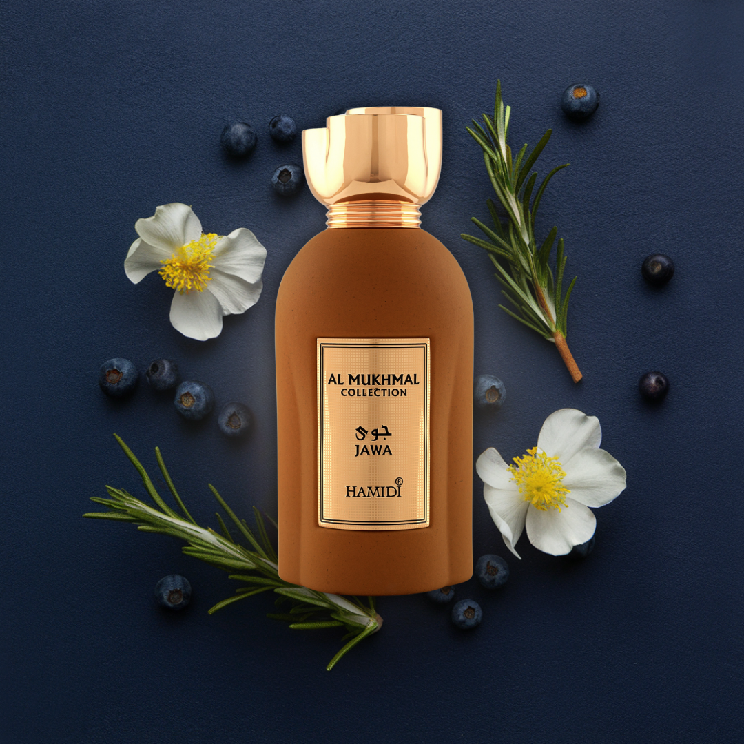 Hamidi Al Mukhmal Jawa Eau de Parfum spray in 100ml velvet pouch, showcasing the elegant perfume bottle and packaging.