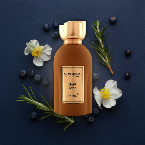Hamidi Al Mukhmal Jawa Eau de Parfum spray 100ml bottle, elegant packaging and design, showcasing the luxury perfume inside.