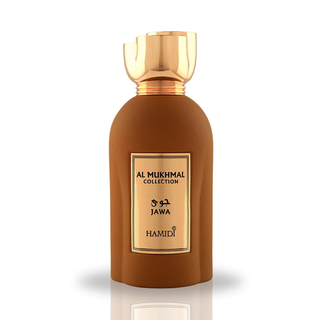 Hamidi Al Mukhmal Jawa Eau de Parfum spray 100ml with velvet pouch, featuring elegant bottle design and rich fragrance.