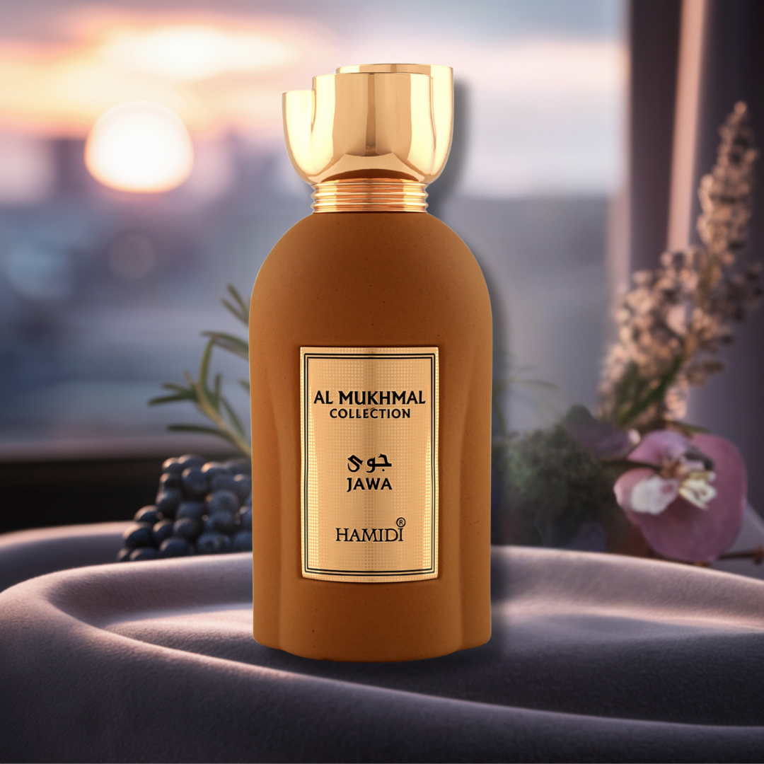 Hamidi Al Mukhmal Jawa Eau de Parfum spray 100ml with velvet pouch, elegant glass bottle with gold accents, fragrance for men and women
