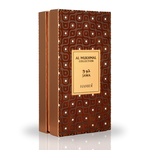 Hamidi Al Mukhmal Jawa Eau de Parfum spray 100ml bottle with elegant packaging and floral, woody fragrance design.